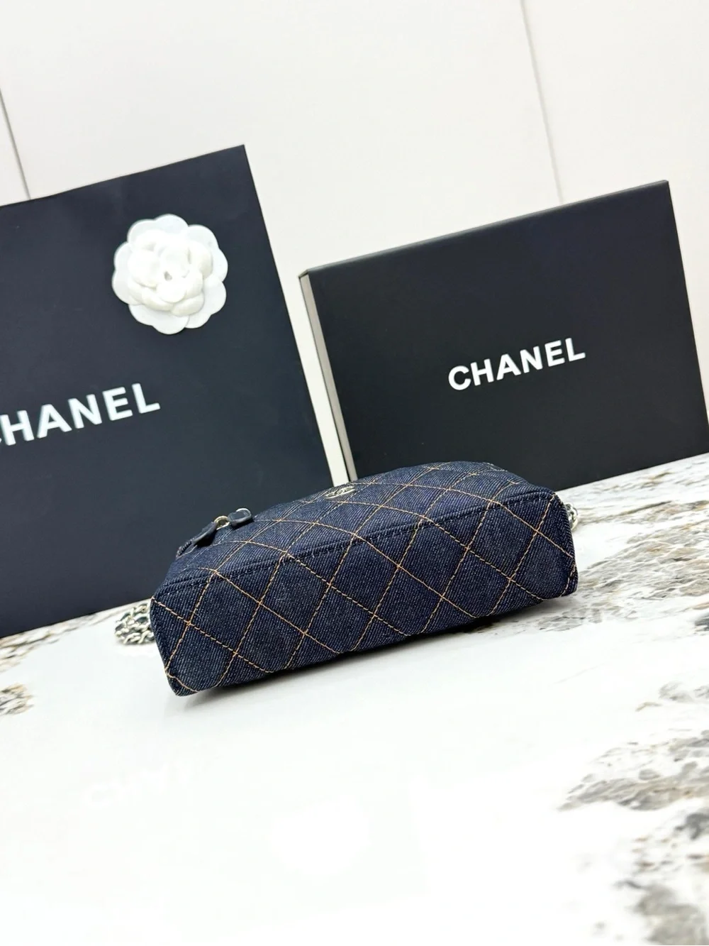 CHANEL Navy Quilted Denim Vanity Crossbody with Gold Hardware